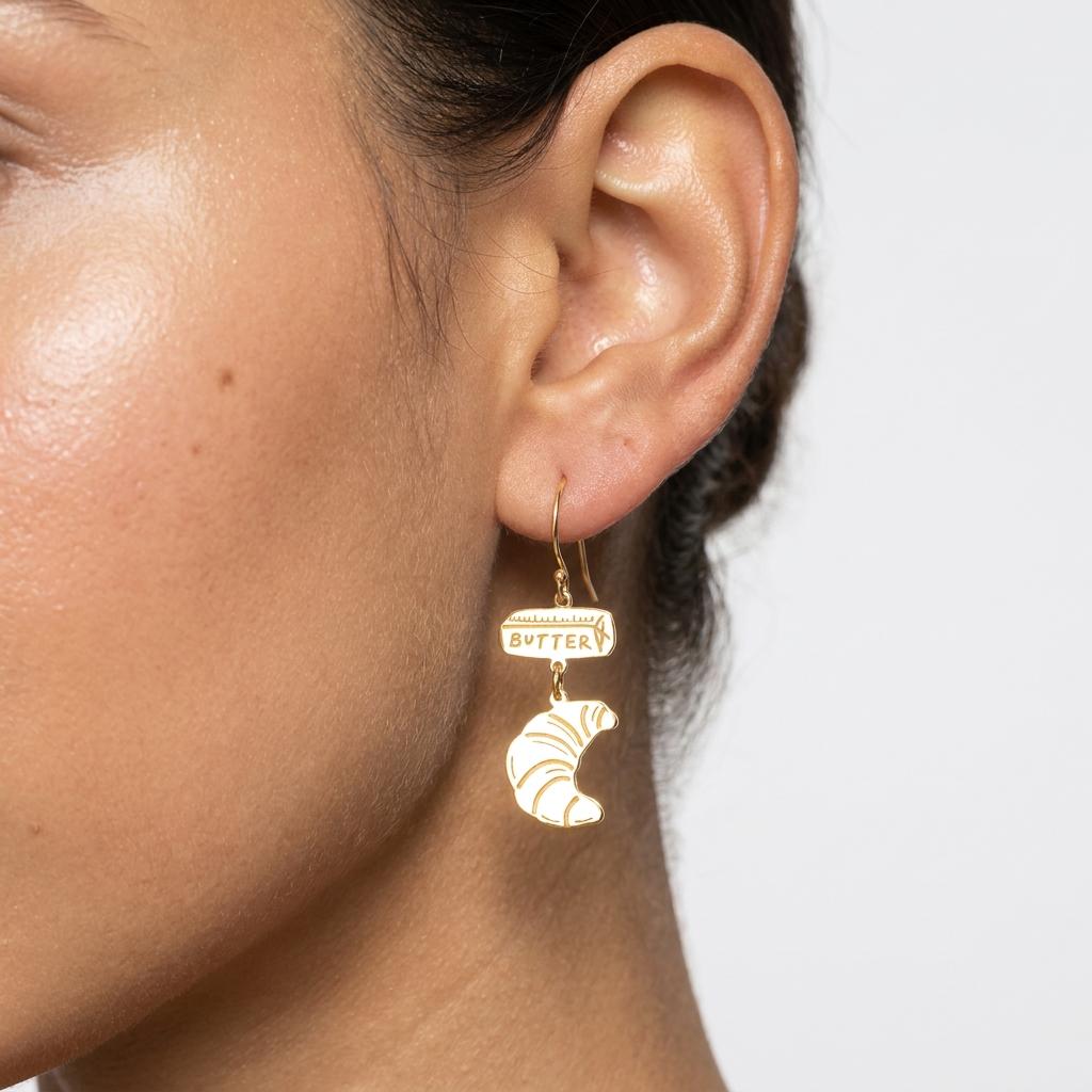 Pair of tiny gold croissant stud earrings with scored rolled pastry detail (2 of 6)