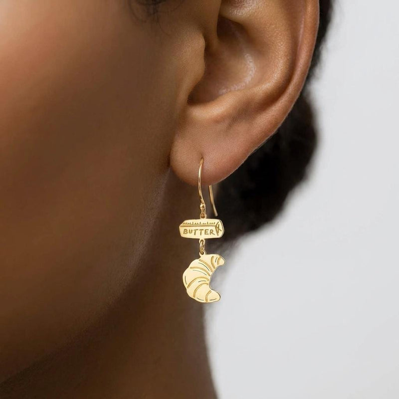 Pair of tiny gold croissant stud earrings with scored rolled pastry detail (3 of 6)