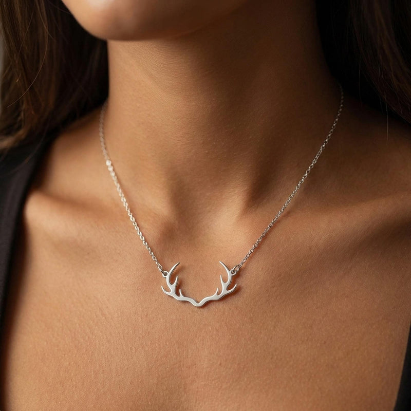 Gold deer antler pendant with visible tines on a thin cable chain (4 of 11)