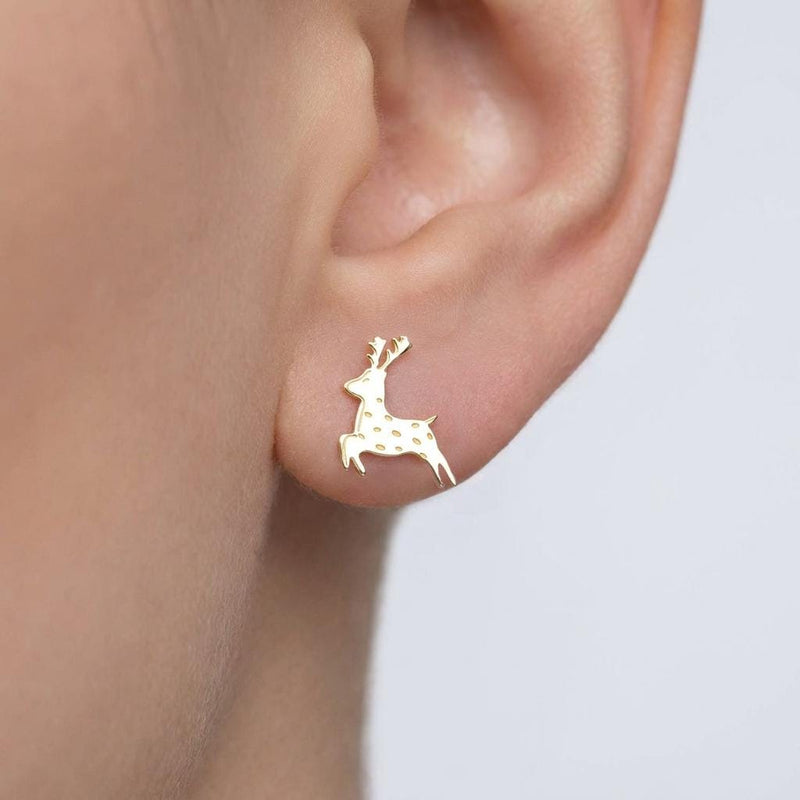 Pair of reindeer head stud earrings with spread antlers, in gold