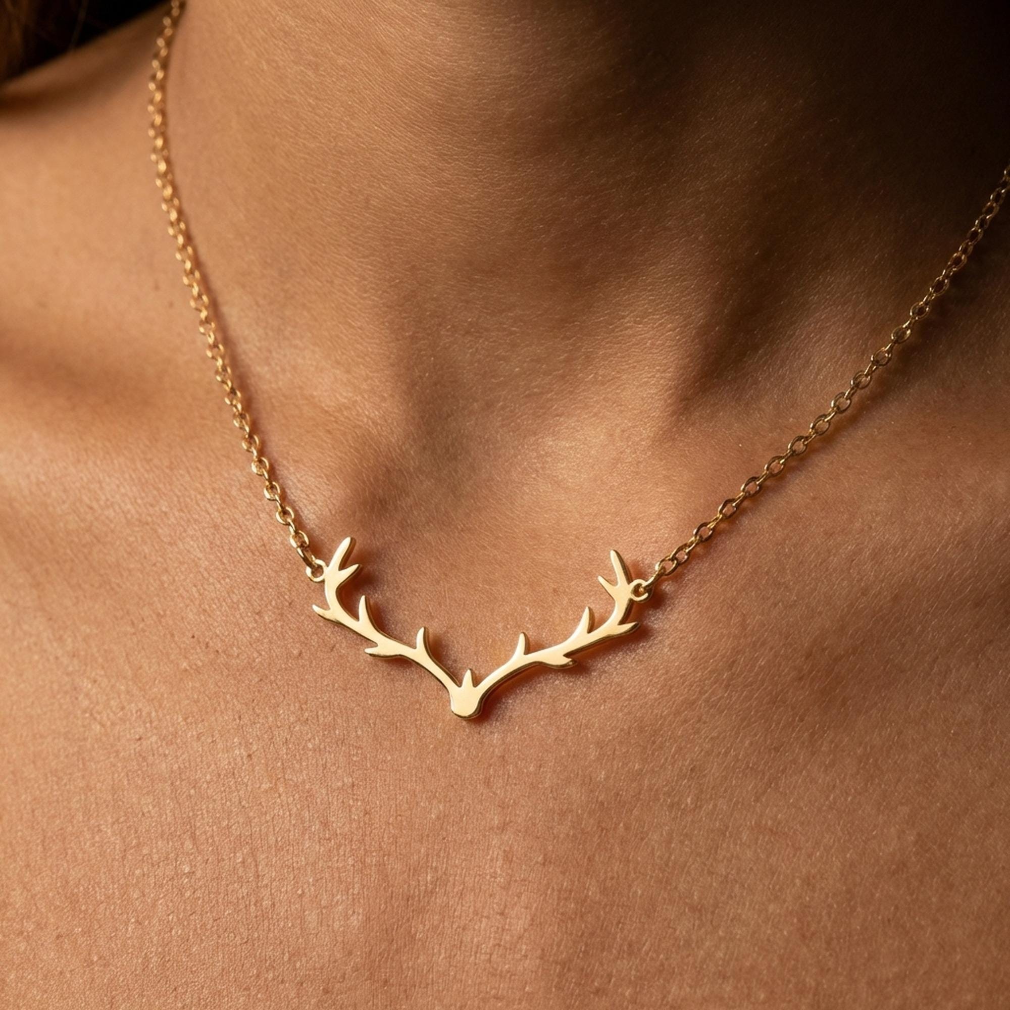 Gold branched reindeer antler pendant hanging from a thin cable chain (2 of 6)