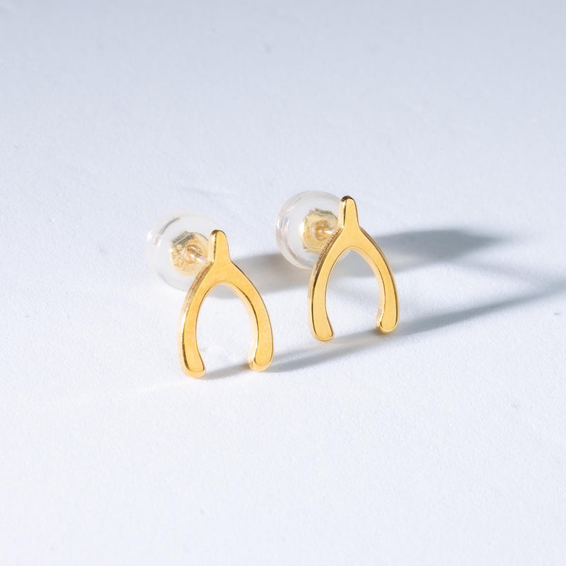 Pair of small gold wishbone stud earrings with two thin arms (2 of 8)