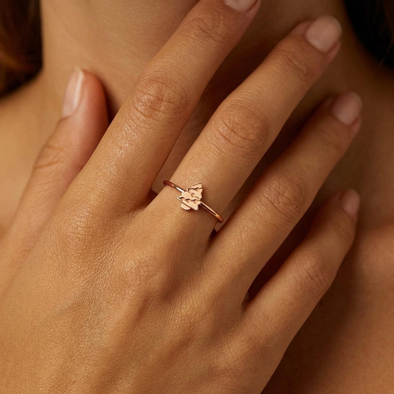 Fine gold band ring with a tiny flat Christmas tree charm on top (3 of 8)