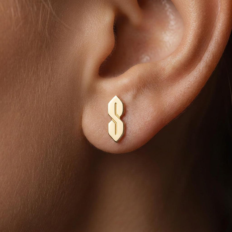Narrow gold S shaped stud earrings, geometric ninetes doodle motif, shown as a pair (2 of 9)