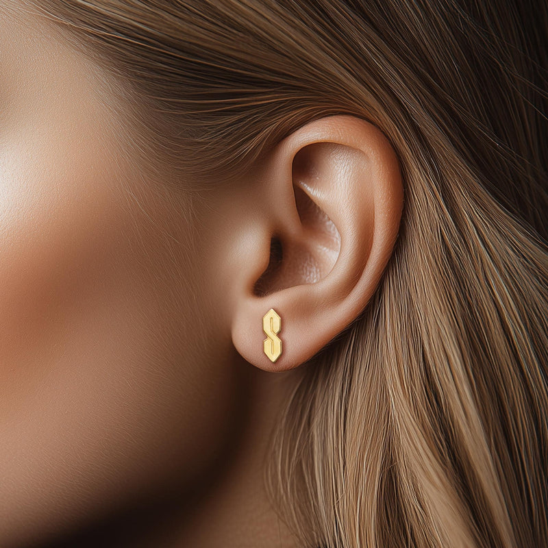 Narrow gold S shaped stud earrings, geometric ninetes doodle motif, shown as a pair (9 of 9)