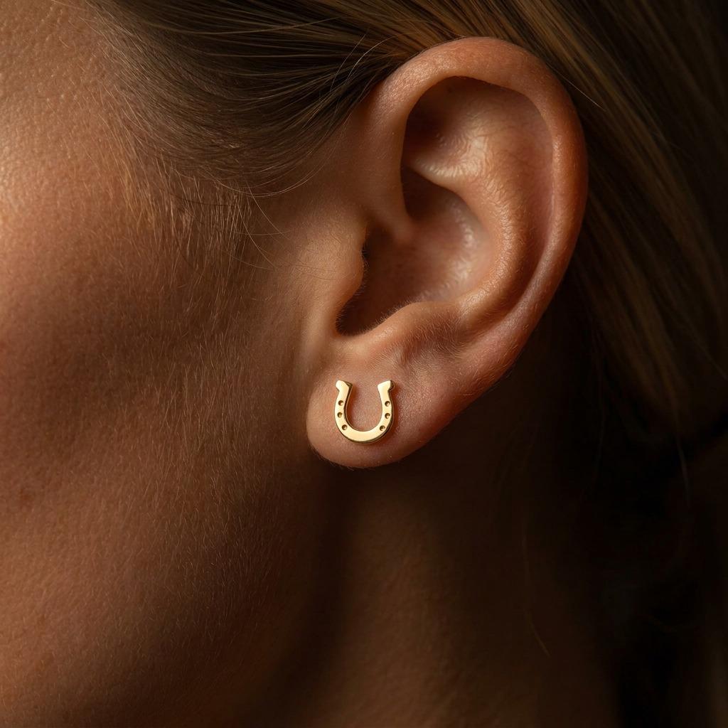 Small gold horseshoe stud earrings with nail holes along the curve