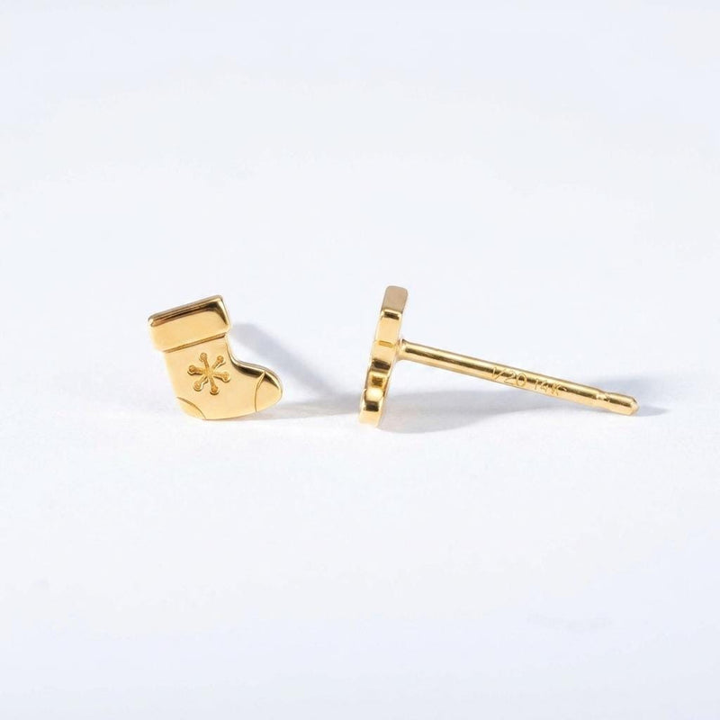Pair of small gold Christmas stocking stud earrings with a folded cuff