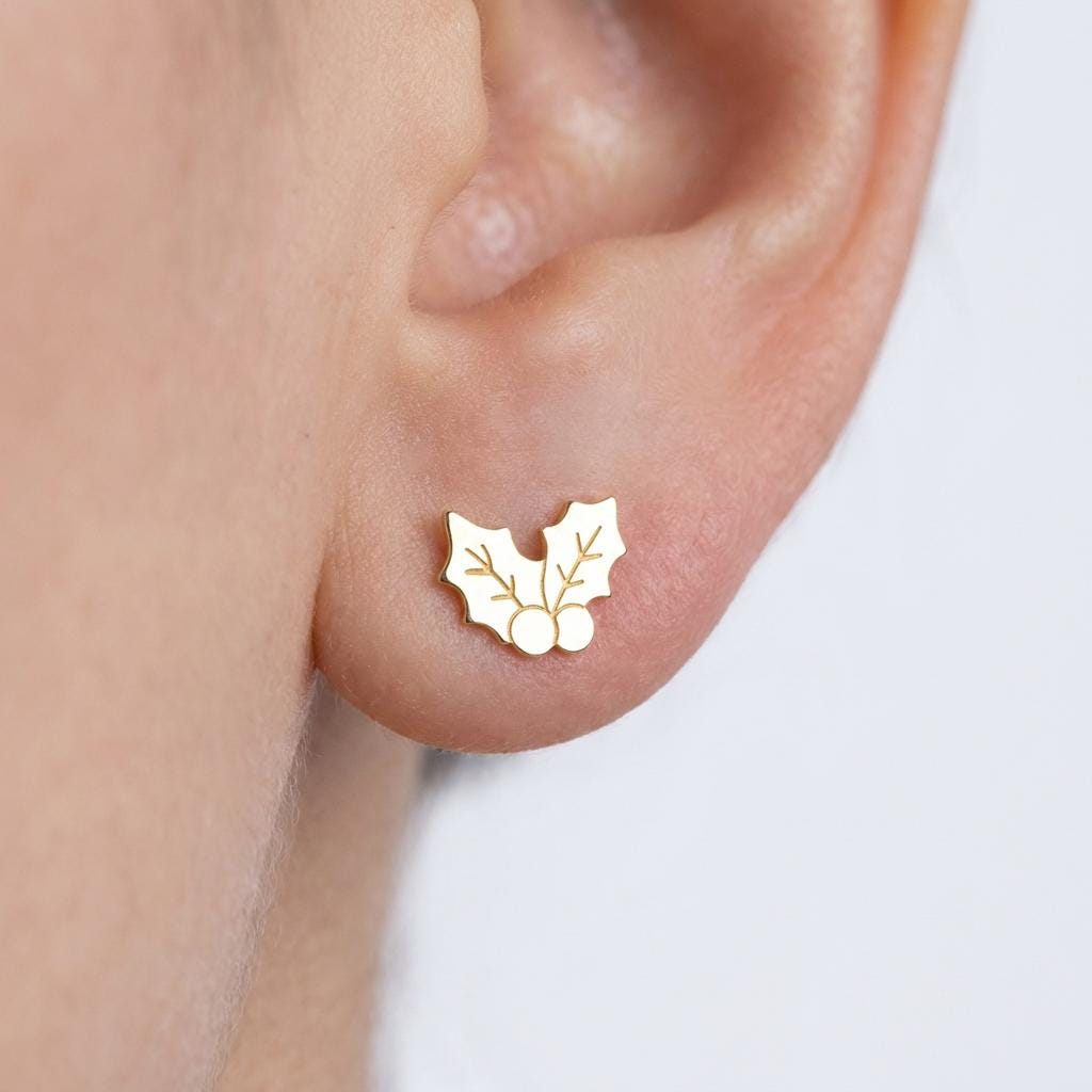 Pair of small gold holly leaf stud earrings with three berries (2 of 7)