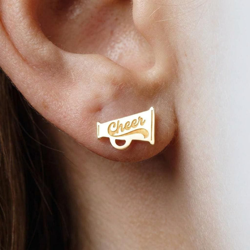 Pair of cheerleader stud earrings in gold showing a mid-jump silhouette (2 of 6)
