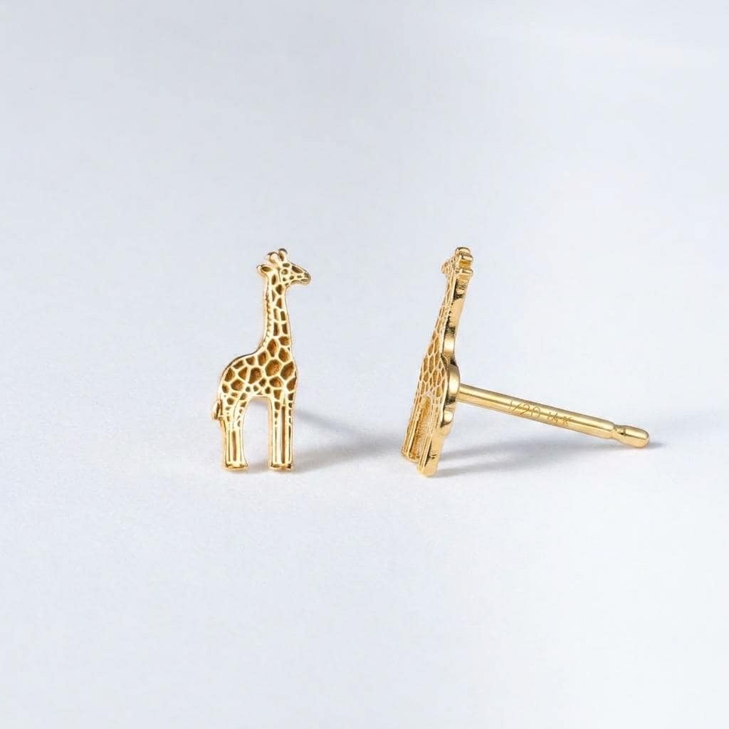 Tall slim gold giraffe stud earrings shown standing in full body (2 of 9)