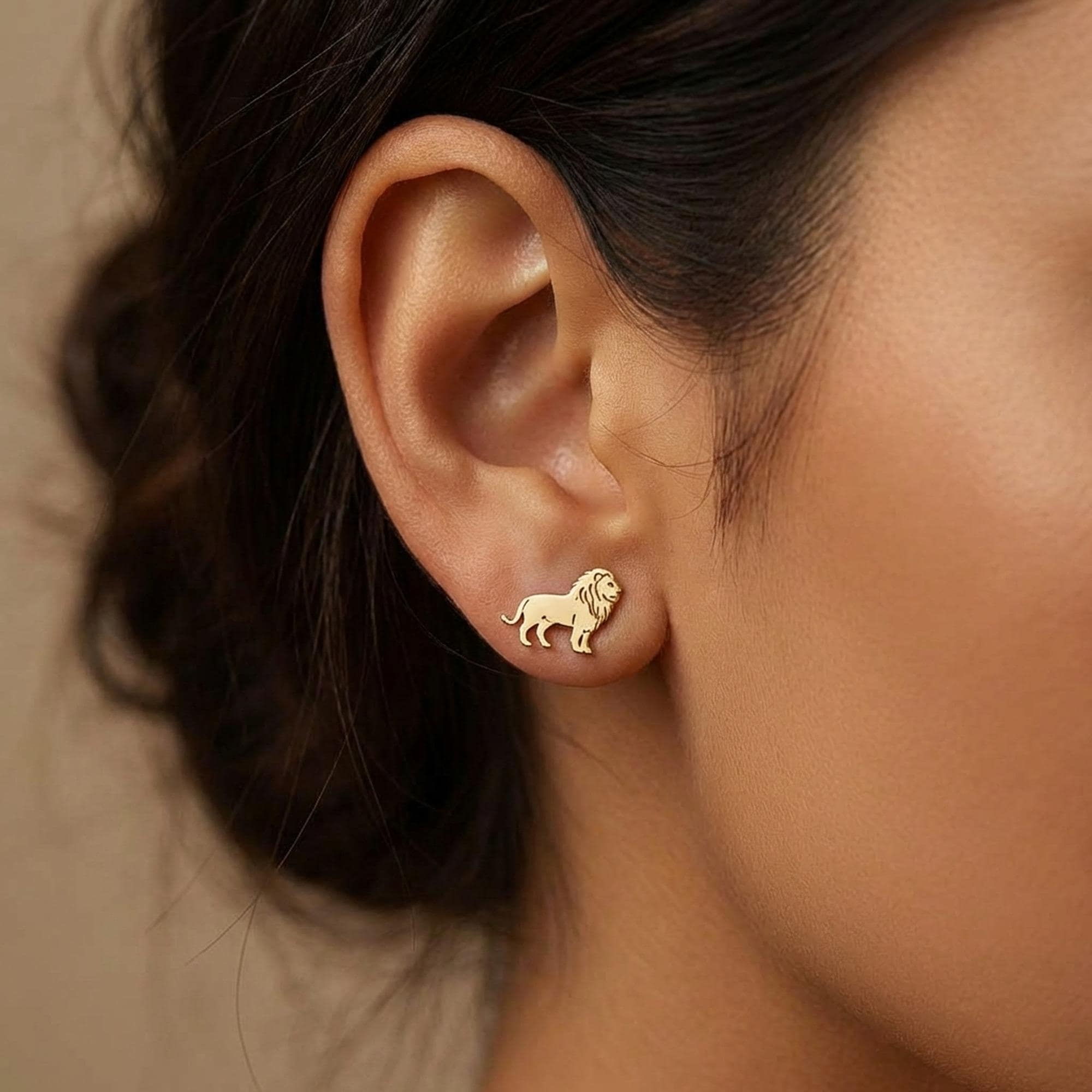 Pair of gold lion head stud earrings with textured manes (2 of 10)