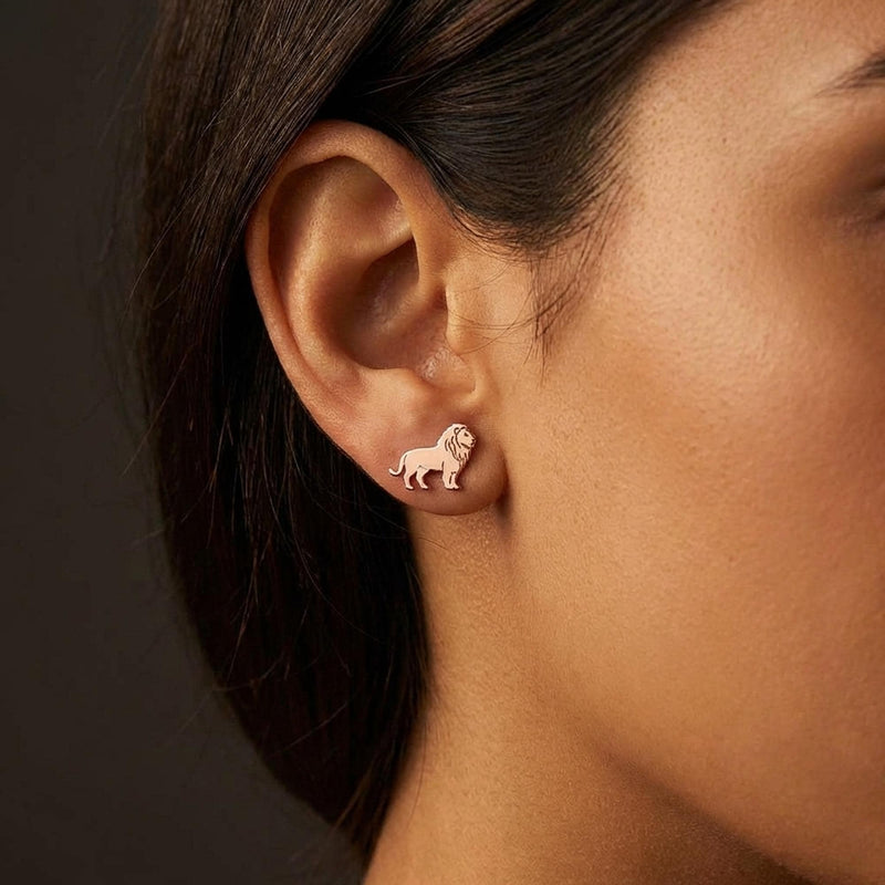 Pair of gold lion head stud earrings with textured manes (4 of 10)
