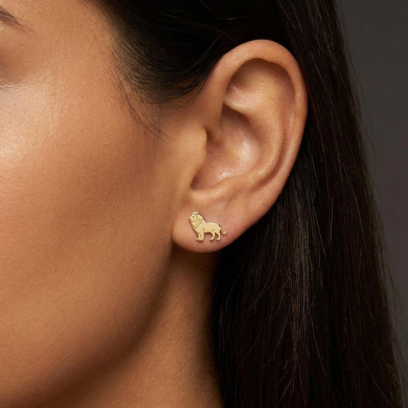 Pair of gold lion head stud earrings with textured manes (5 of 10)