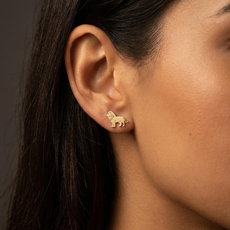 Pair of gold lion head stud earrings with textured manes (6 of 10)
