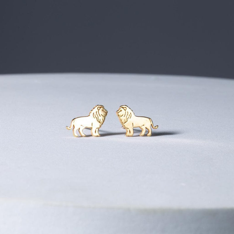 Pair of gold lion head stud earrings with textured manes (7 of 10)