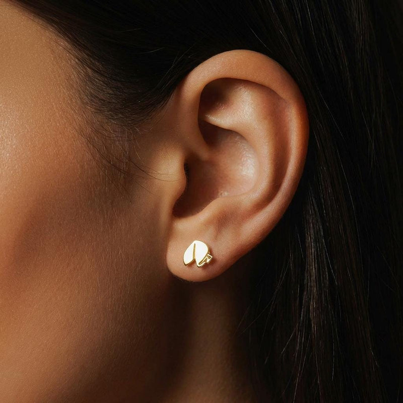 Pair of tiny gold fortune cookie stud earrings with a paper slip detail, on white (4 of 8)