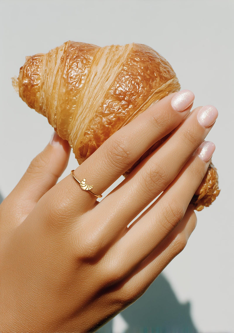 Slim gold stacking ring topped with a small layered croissant (2 of 9)