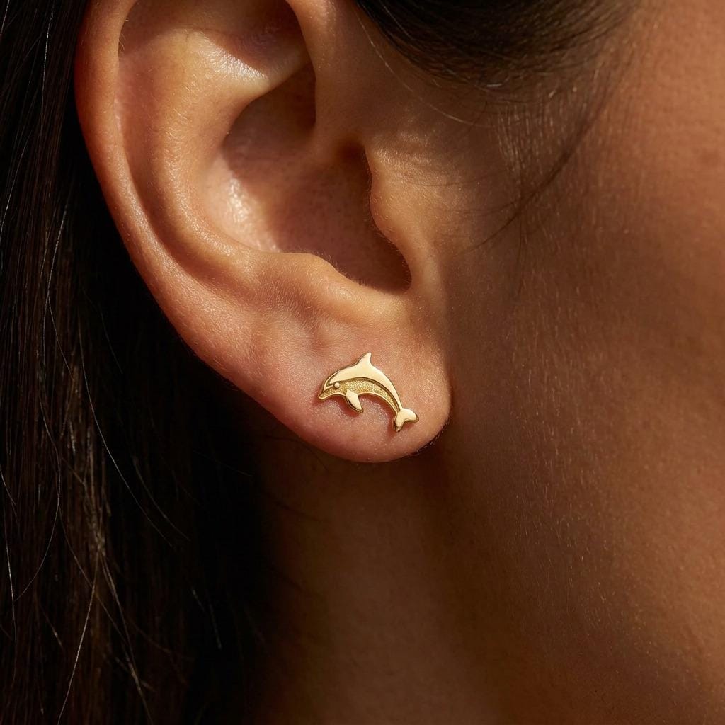 Small gold dolphin stud earrings shown mid leap with tail curved down (2 of 14)