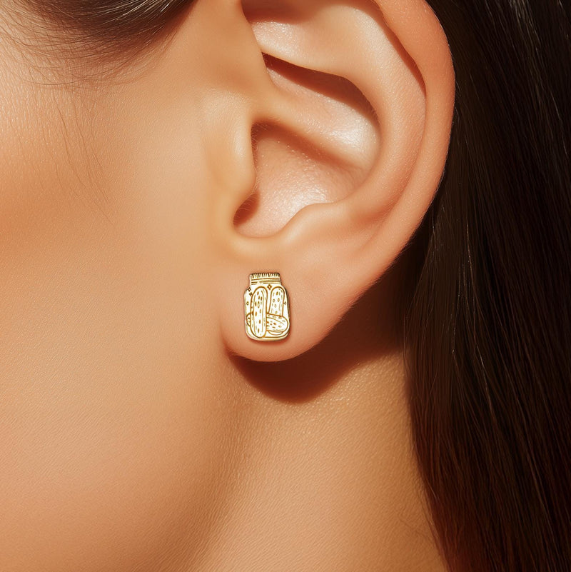 Pair of tiny pickle jar stud earrings in gold with a lid and spears inside (11 of 11)