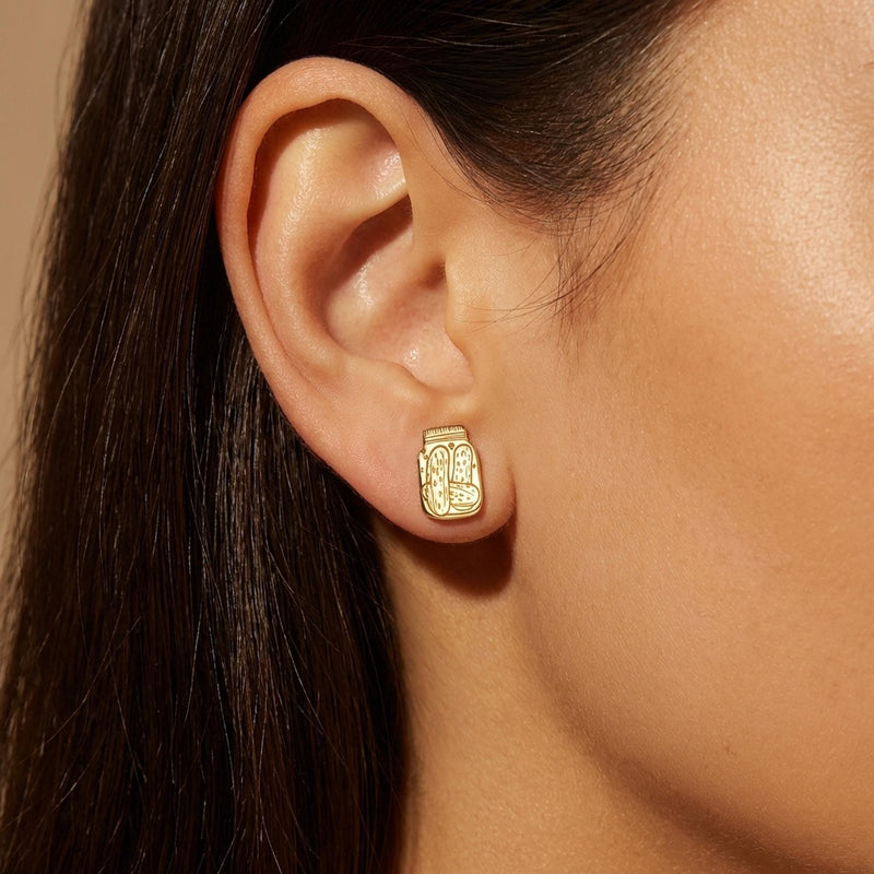 Pair of tiny pickle jar stud earrings in gold with a lid and spears inside (2 of 11)