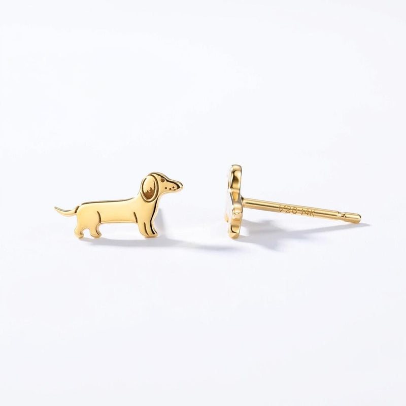 Pair of stud earrings shaped like a dachshund in profile, in gold