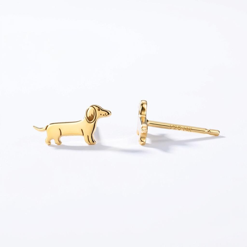 Pair of stud earrings shaped like a dachshund in profile, in gold