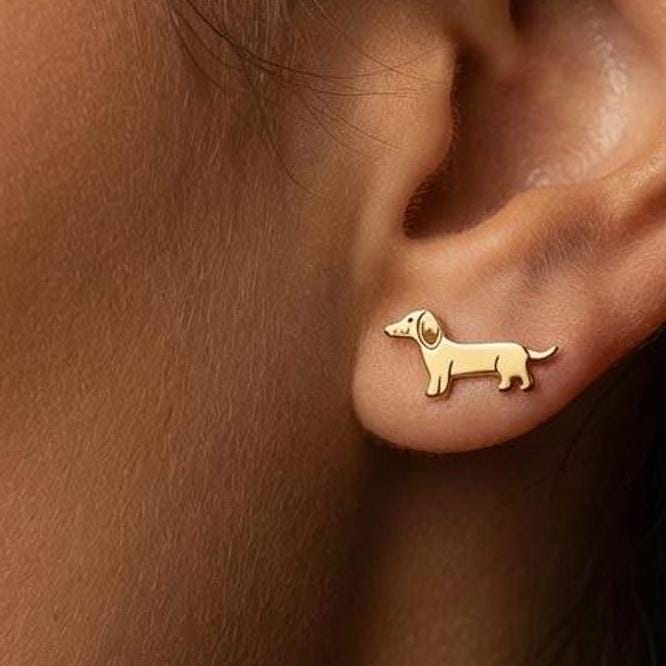 Pair of stud earrings shaped like a dachshund in profile, in gold (2 of 12)