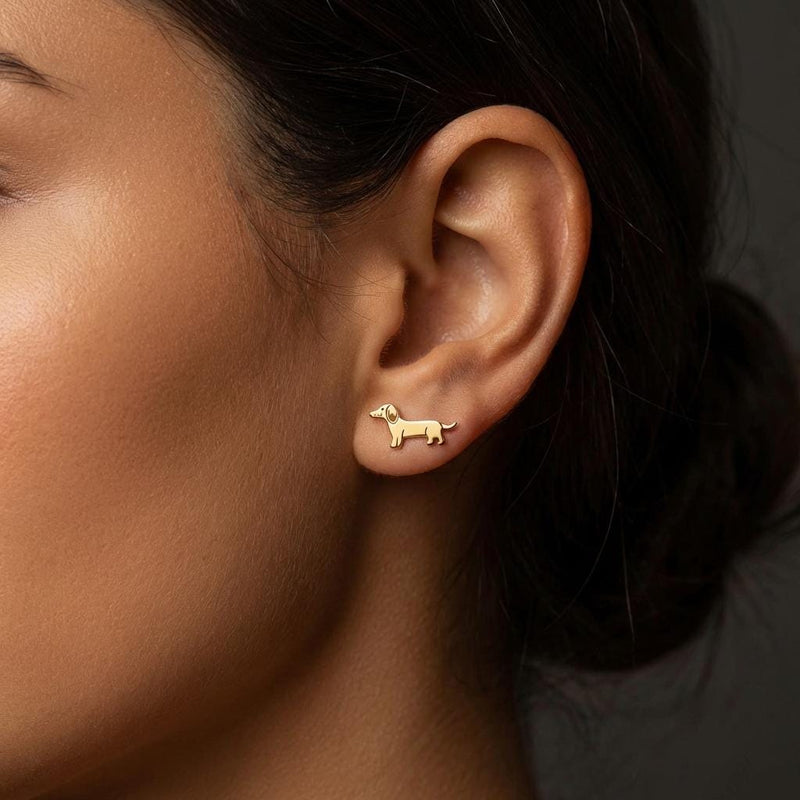 Pair of stud earrings shaped like a dachshund in profile, in gold (3 of 12)