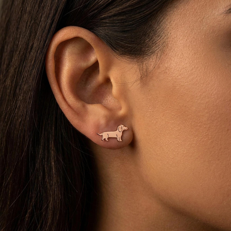 Pair of stud earrings shaped like a dachshund in profile, in gold (5 of 12)