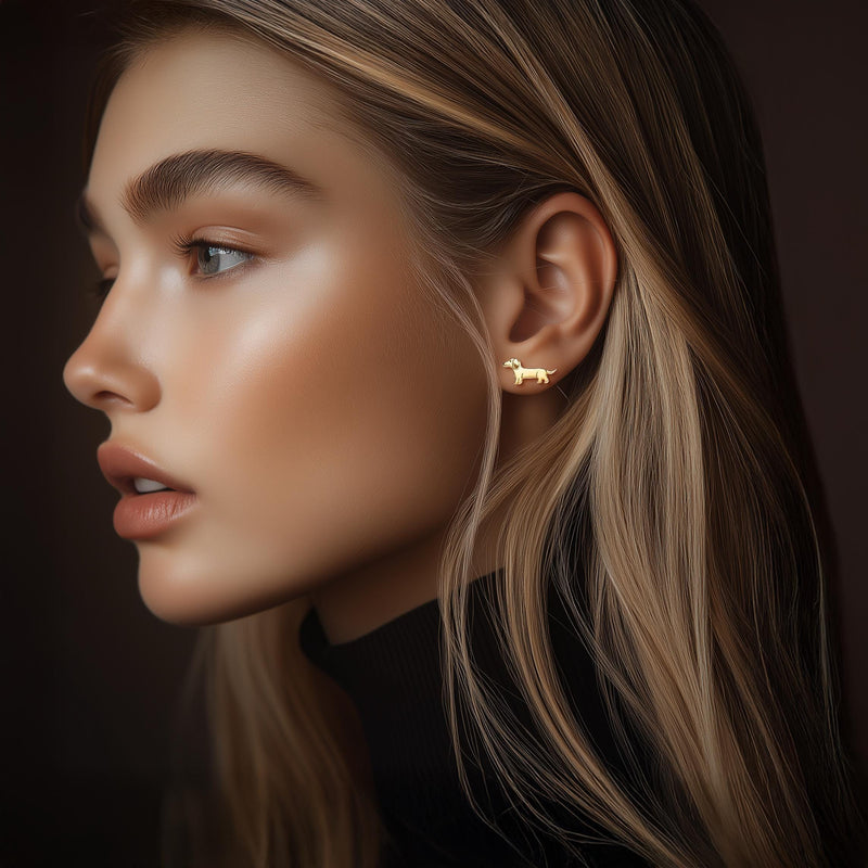 Pair of stud earrings shaped like a dachshund in profile, in gold (6 of 12)