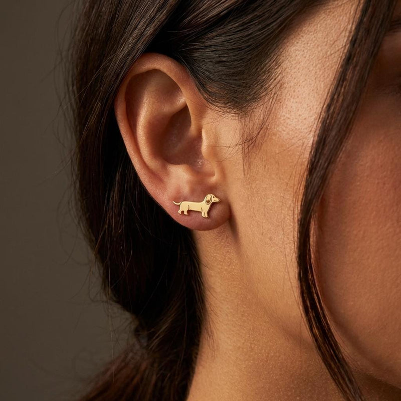 Pair of stud earrings shaped like a dachshund in profile, in gold (7 of 12)