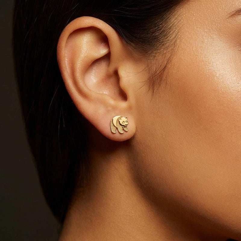 Pair of tiny flat panda face stud earrings in polished gold (2 of 8)