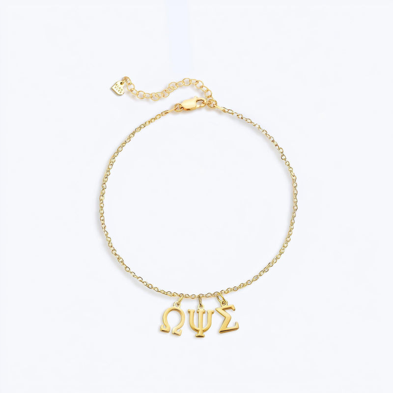 Fine gold chain bracelet with several small Greek letter and symbol charms
