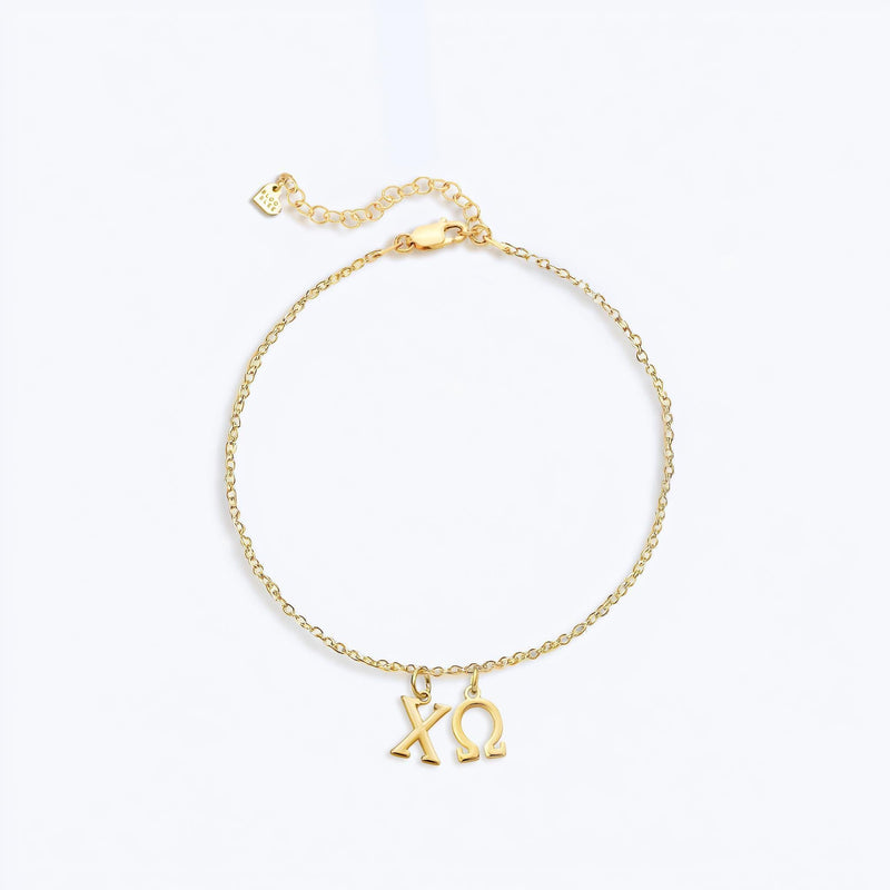 Fine gold chain bracelet with several small Greek letter and symbol charms (3 of 13)