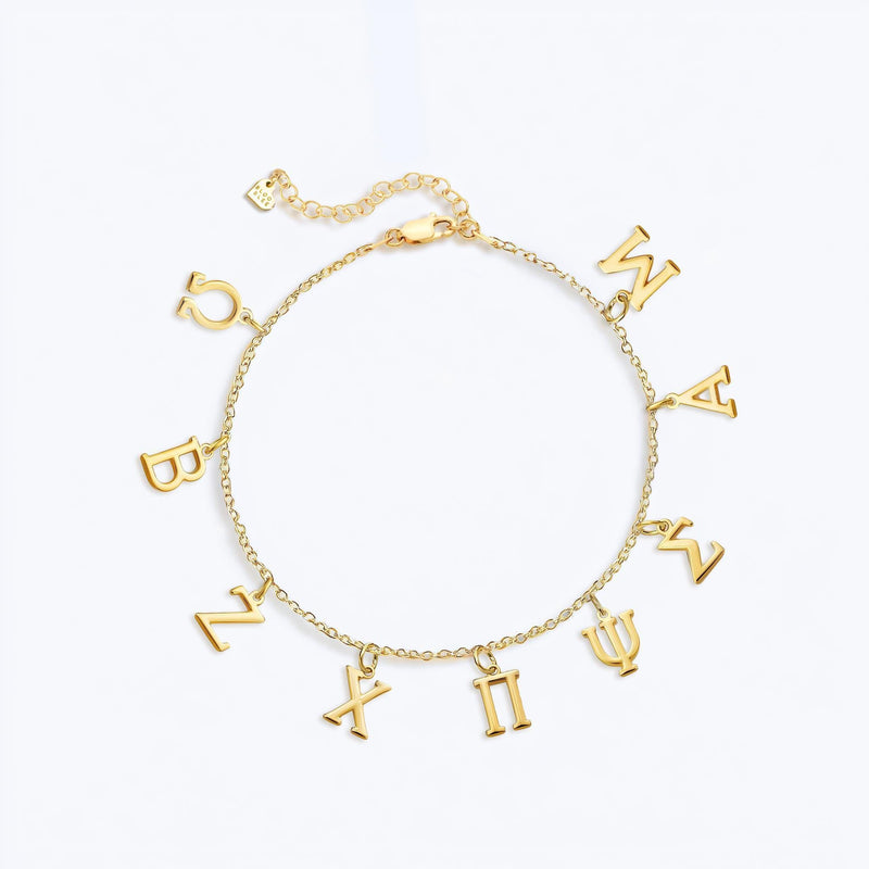 Fine gold chain bracelet with several small Greek letter and symbol charms (4 of 13)