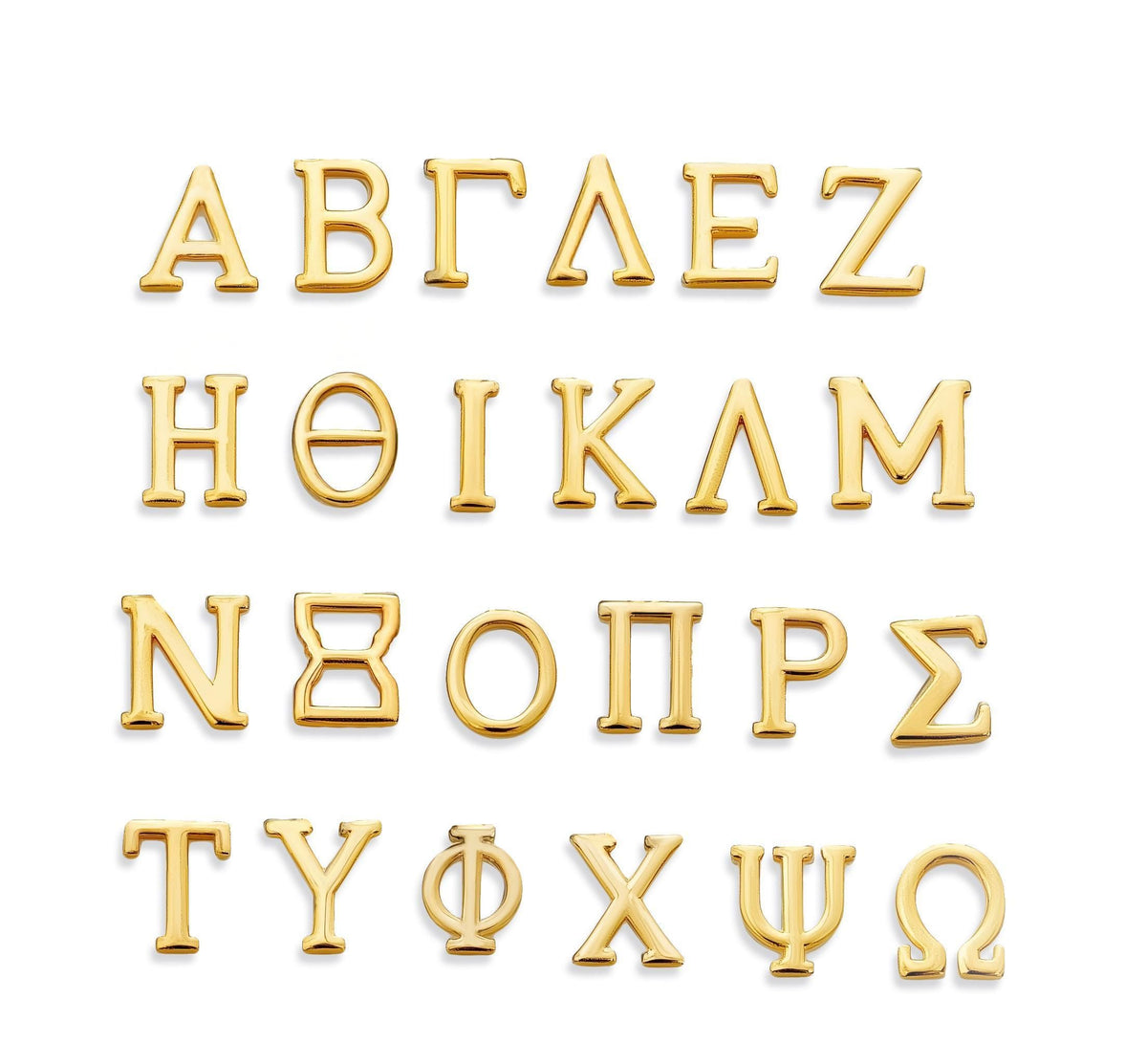 Small gold Greek letter stud earrings shown as a pair on a plain background