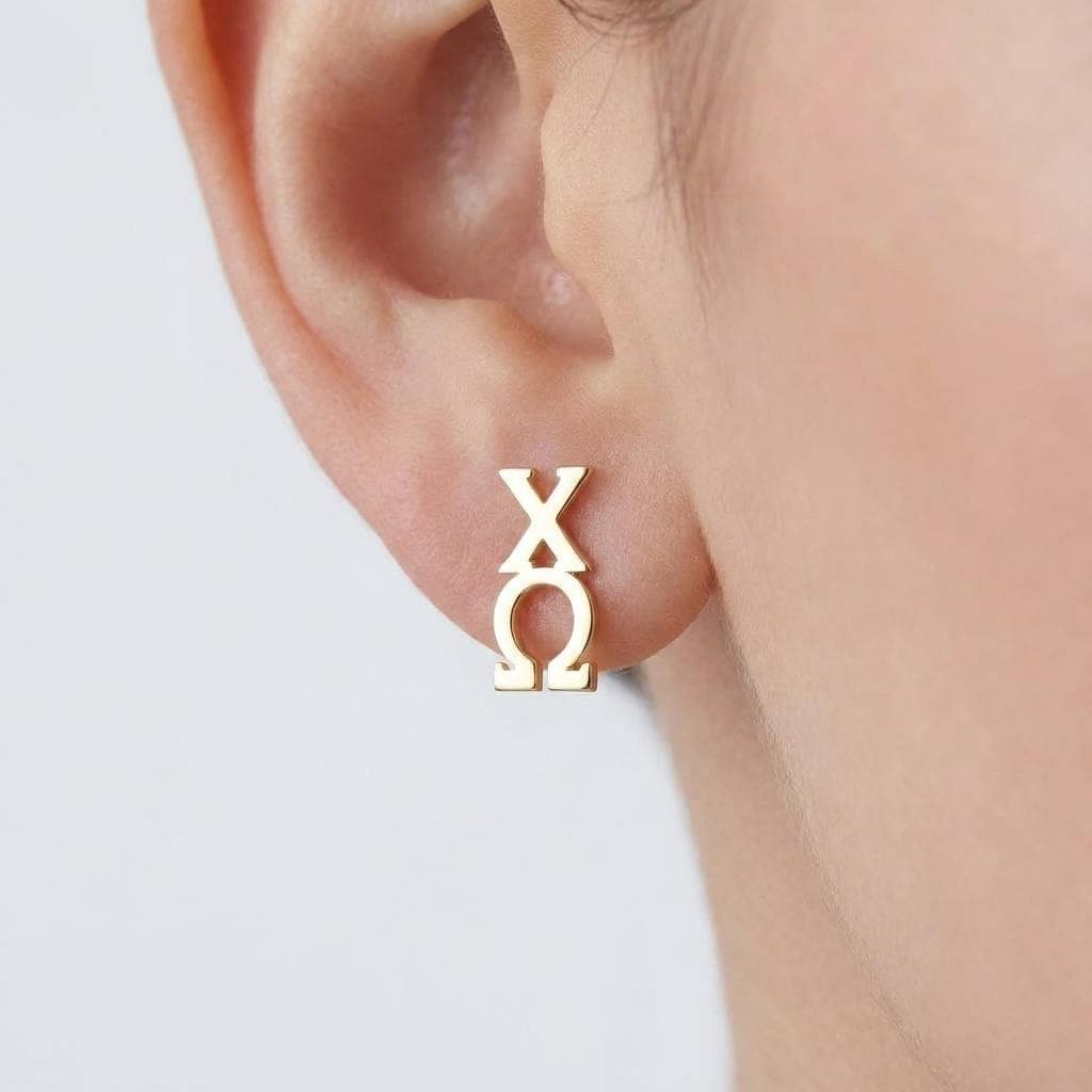 Small gold Greek letter stud earrings shown as a pair on a plain background (2 of 9)