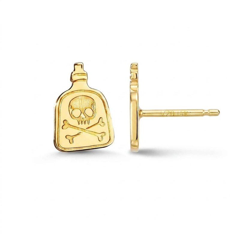 Pair of small gold apothecary poison bottle stud earrings with corked tops.