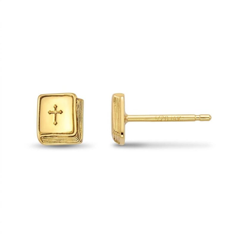 Pair of tiny gold bible stud earrings shown on a plain background