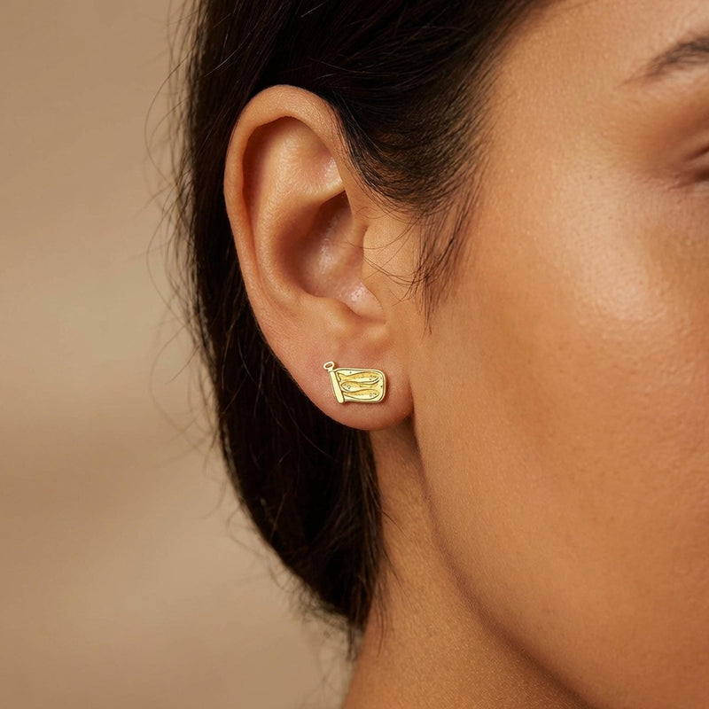 Pair of small gold sardine tin stud earrings with rolled lids and fish inside