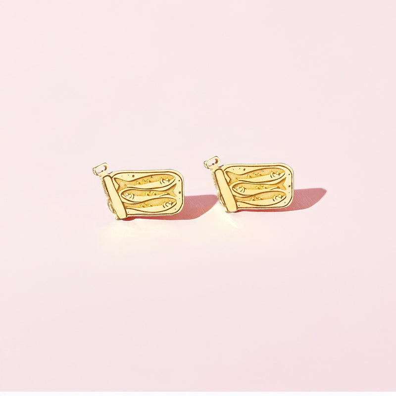 Pair of small gold sardine tin stud earrings with rolled lids and fish inside (2 of 9)