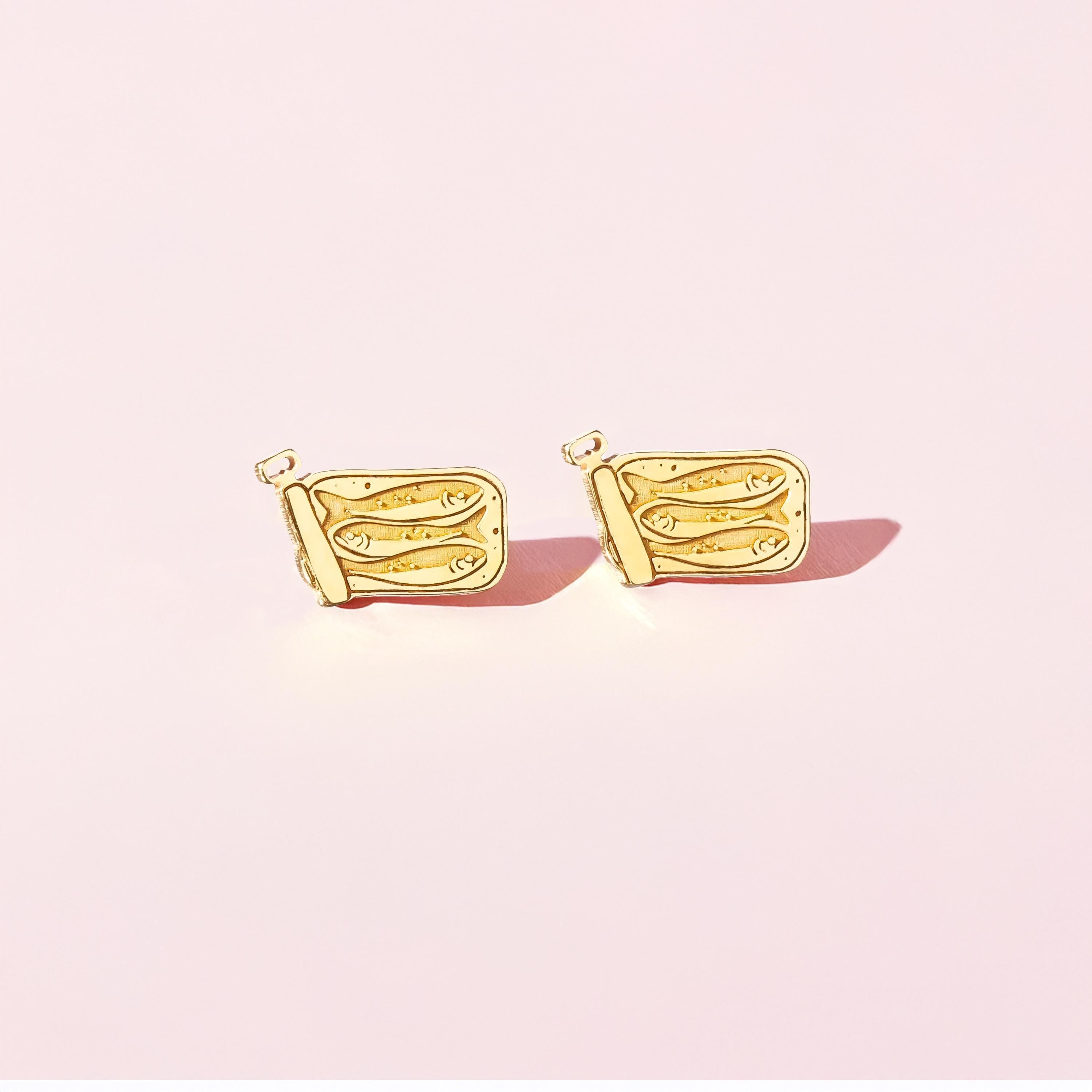 Pair of small gold sardine tin stud earrings with rolled lids and fish inside (2 of 9)