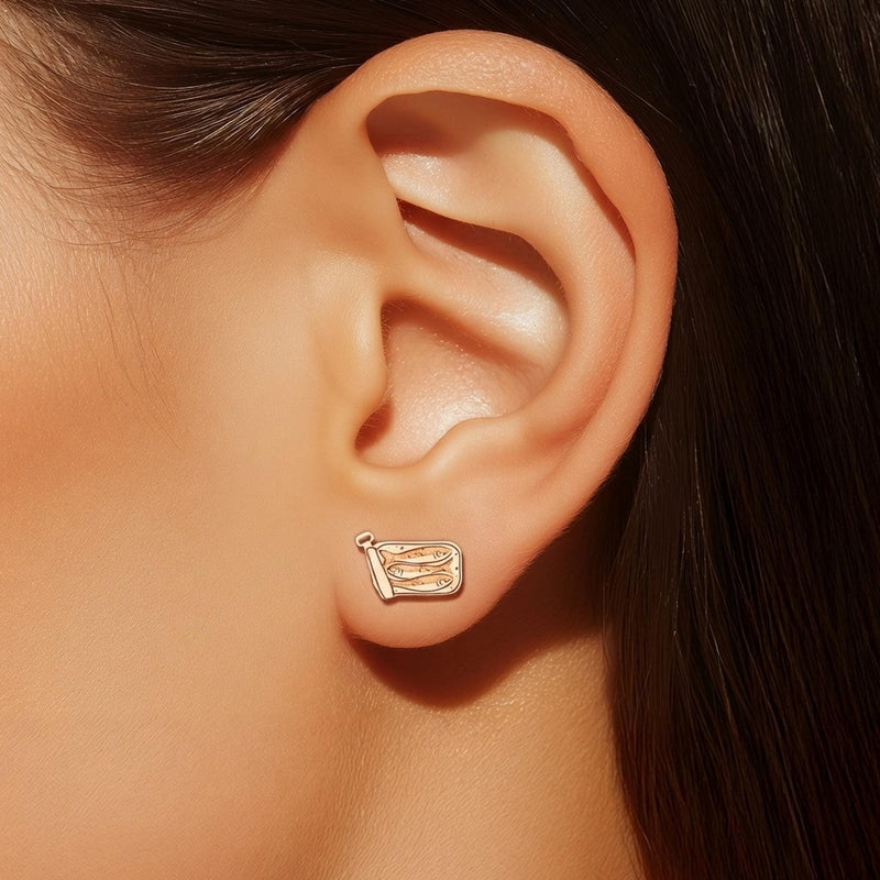 Pair of small gold sardine tin stud earrings with rolled lids and fish inside (4 of 9)