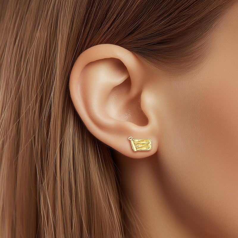 Pair of small gold sardine tin stud earrings with rolled lids and fish inside (6 of 9)