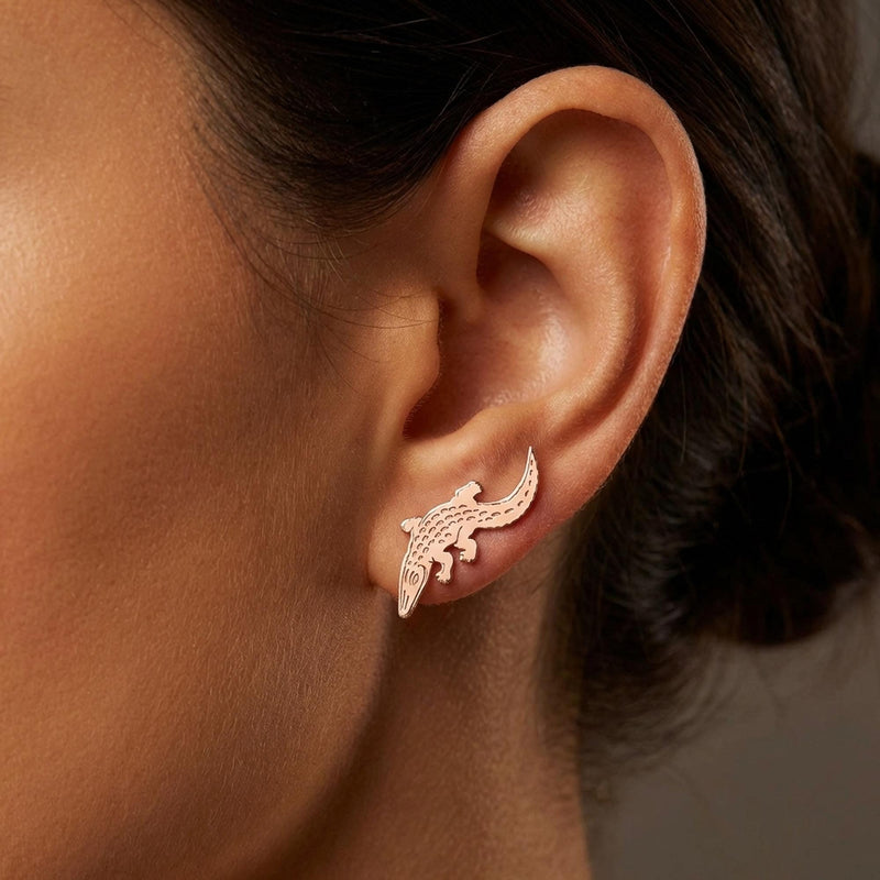 Gold alligator ear climber earrings with curved tails, shown as a pair. (4 of 12)
