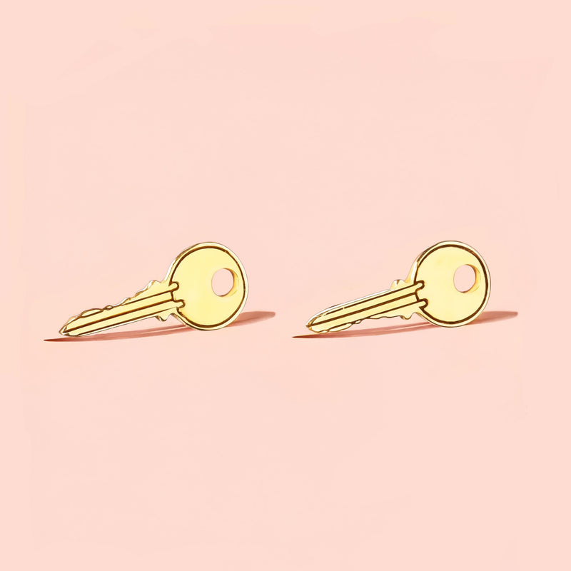 Pair of narrow old fashioned house key stud earrings in gold (2 of 9)