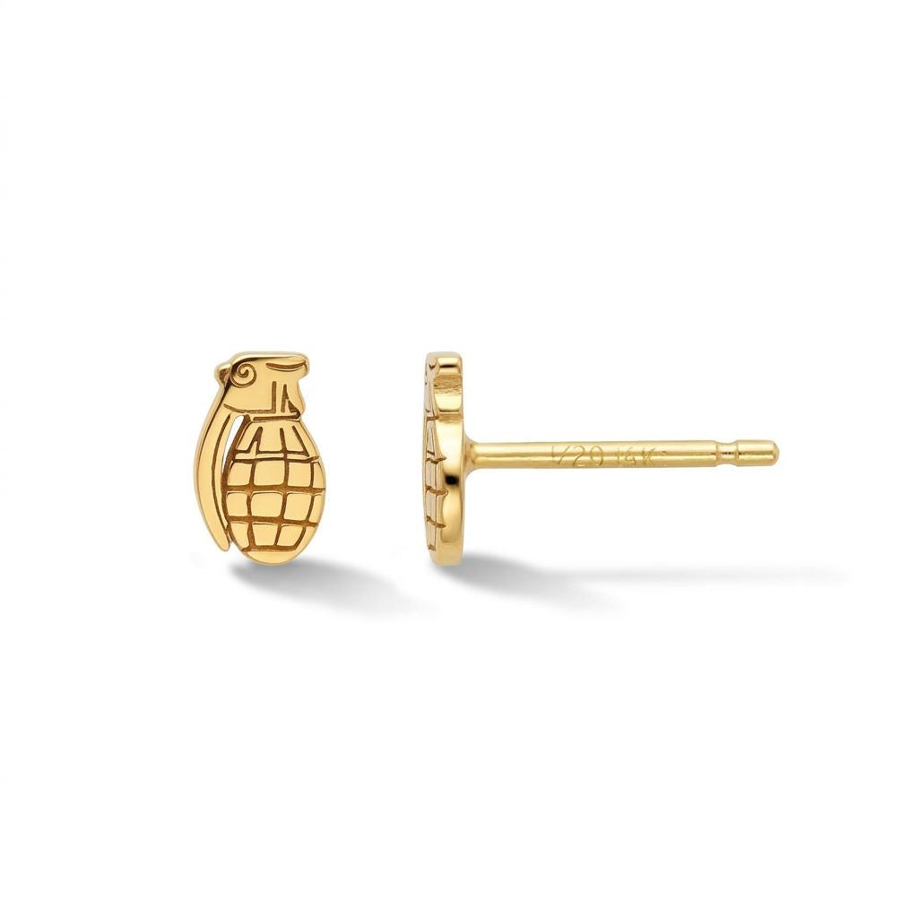 Pair of tiny gold grenade stud earrings with textured body and pin, on white