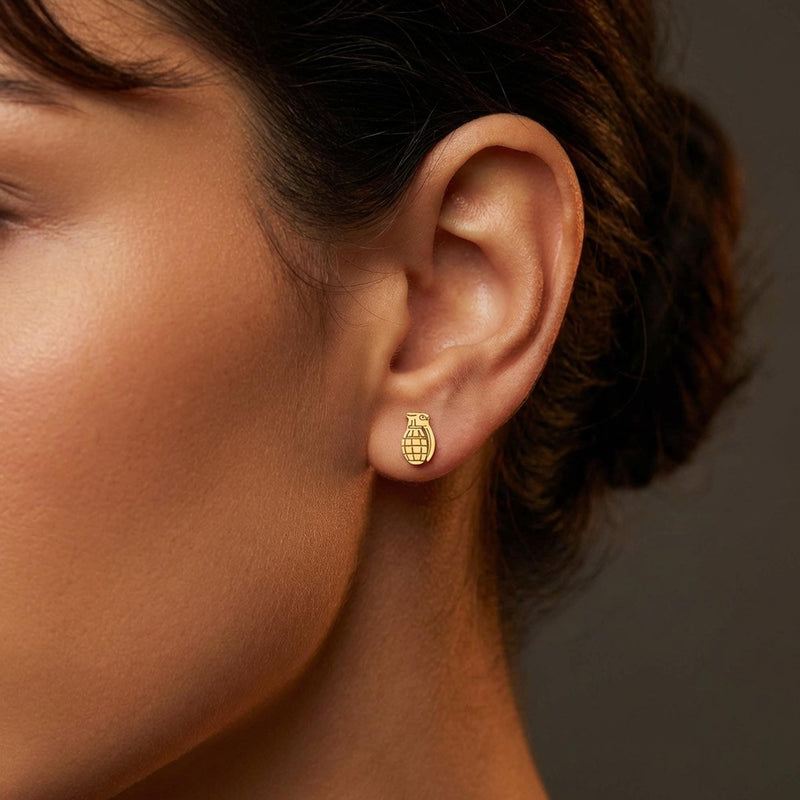 Pair of tiny gold grenade stud earrings with textured body and pin, on white (3 of 8)