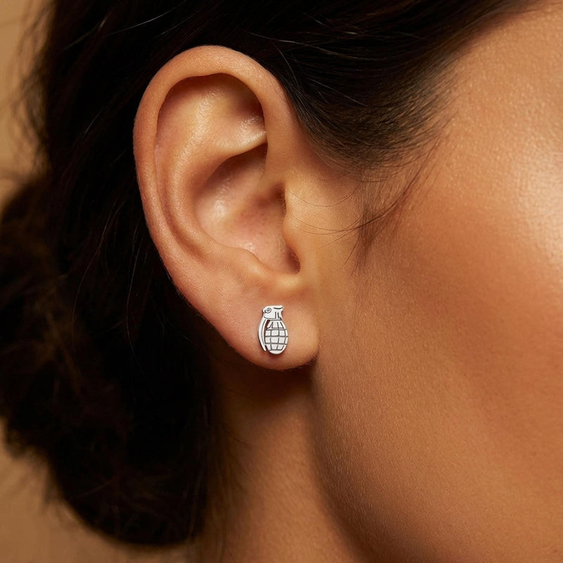 Pair of tiny gold grenade stud earrings with textured body and pin, on white (5 of 8)