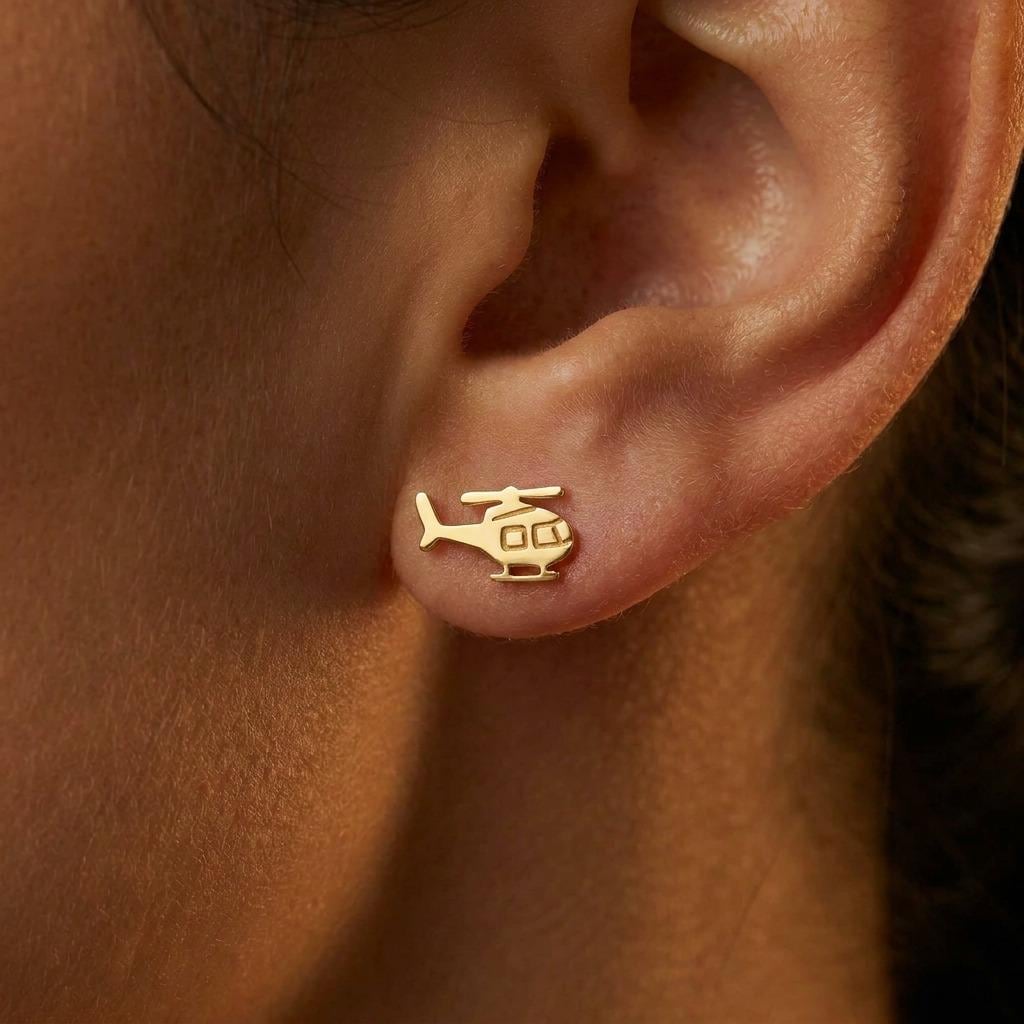 Pair of small gold helicopter stud earrings with visible rotors and skids (2 of 10)